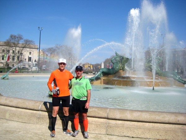 Keith and Frank in front of the Swann fountain in Logan Circle, symbolizing the three major rivers of Philadelphia.