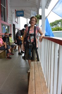 Kat, strapped in to her harness.