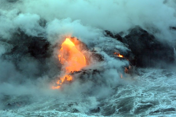 The closer we got, the more the water was churning,reacting to the flow of molten rock