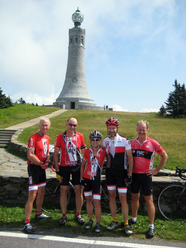 Bob, Frank, Elaine, Aldo and Keith at the summit of Greylock, with the Veterans War Memorial in the background.