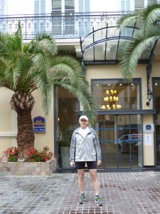 In front of our hotel, ready to head down to the start.