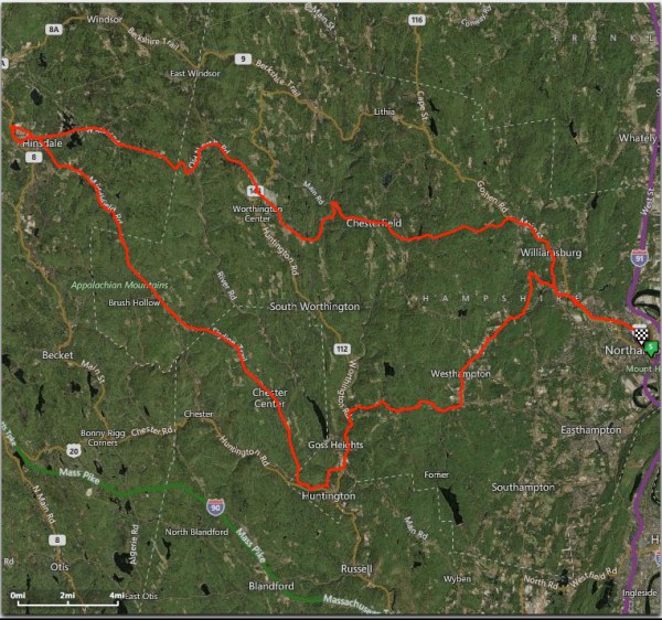 The route, from Northampton to Skyline Trail and back.